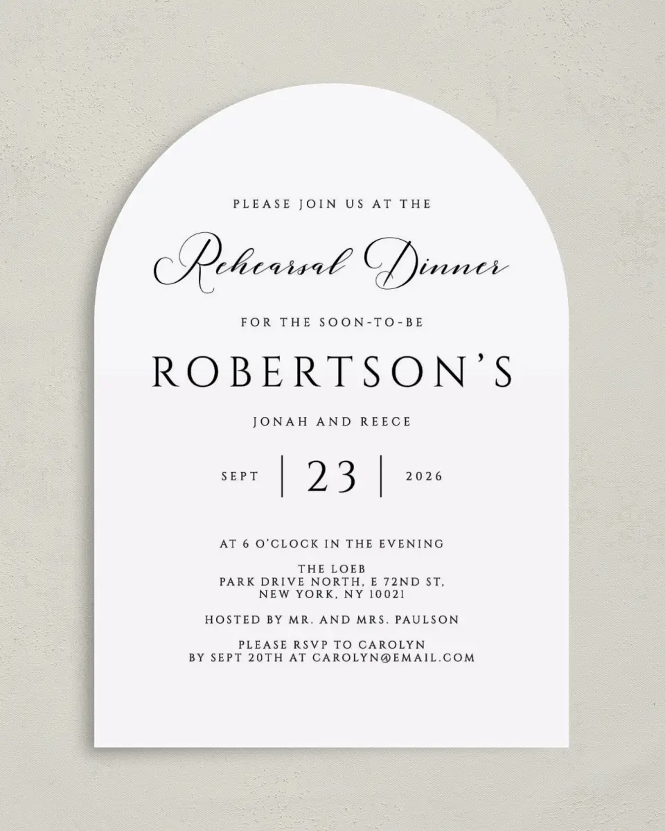 This is a 5" x 7" Rehearsal Dinner Invitation called Timeless Dinner printed in full color on Premium Smooth paper