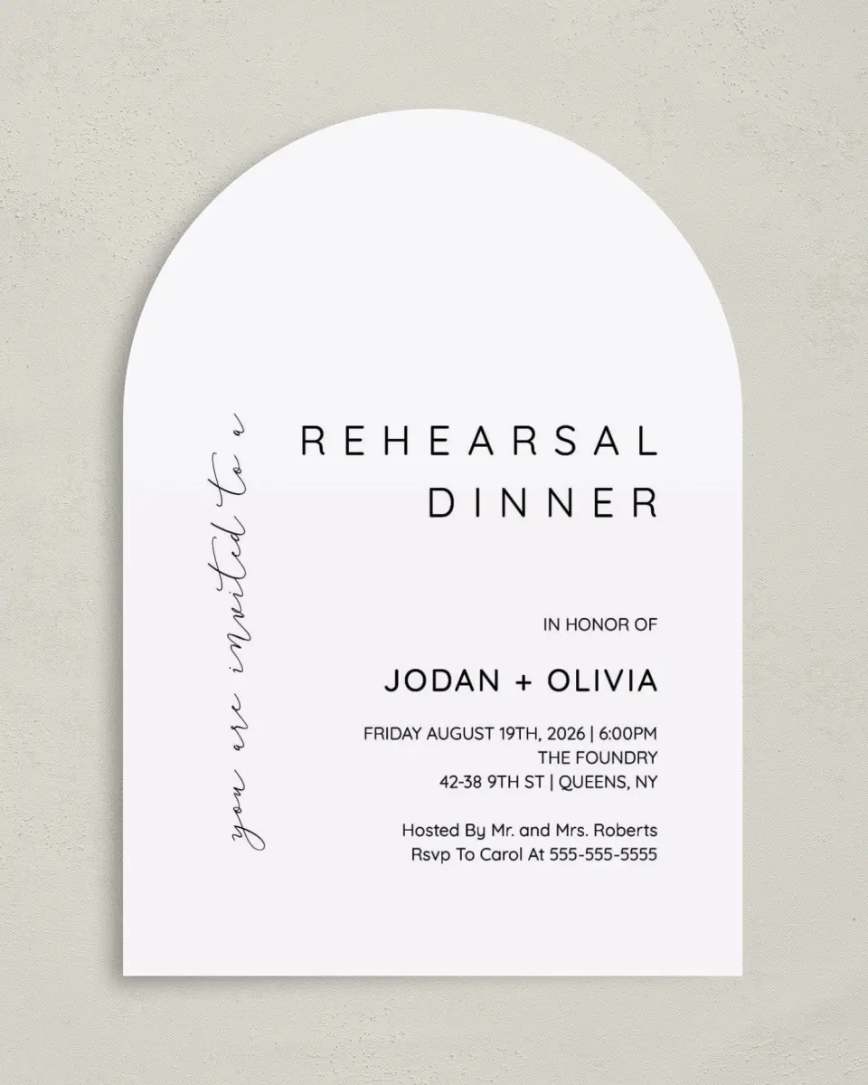 This is a 5" x 7" Rehearsal Dinner Invitation called Simple Soiree printed in full color on Premium Smooth paper