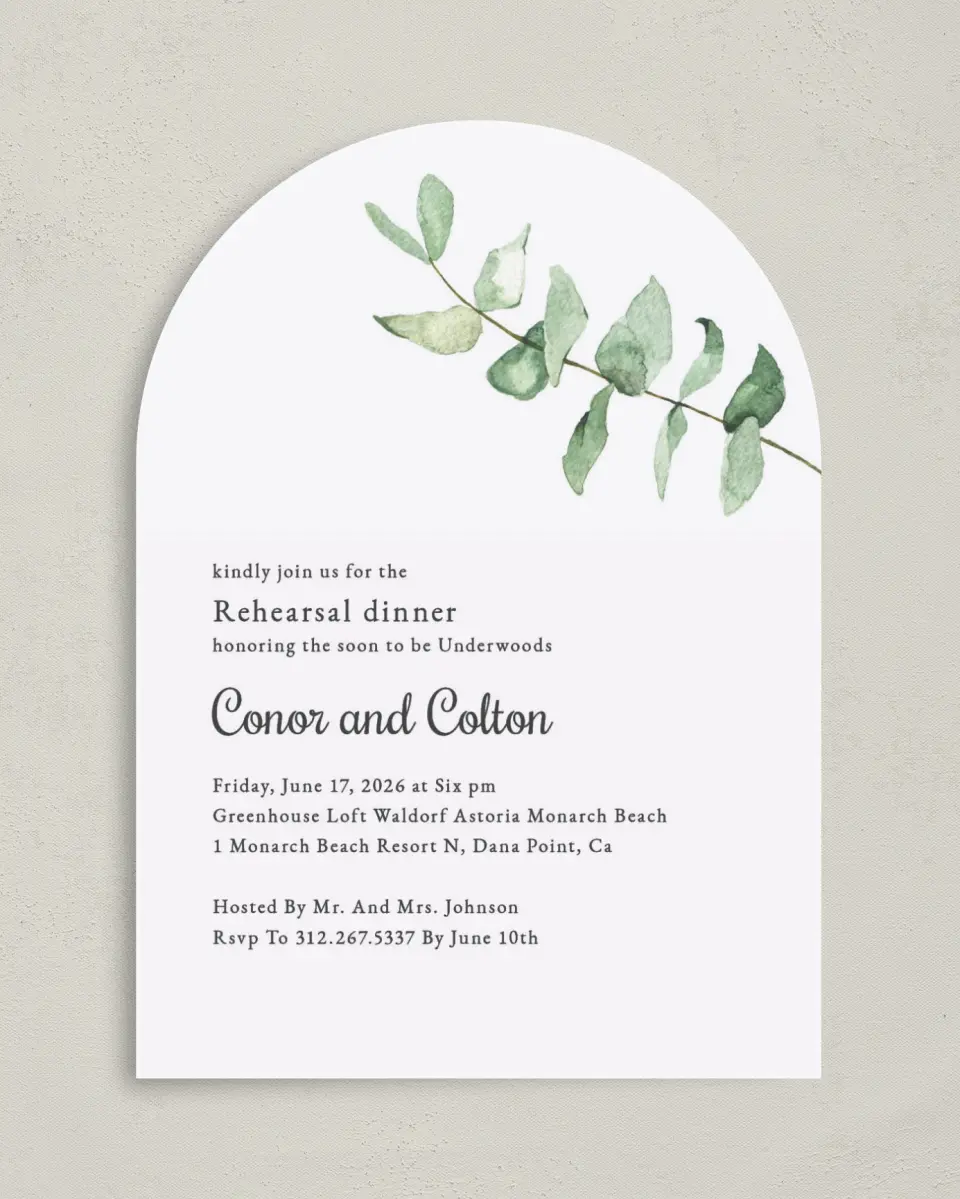 This is a 5" x 7" Rehearsal Dinner Invitation called Dinner Leaf printed in full color on Premium Smooth paper