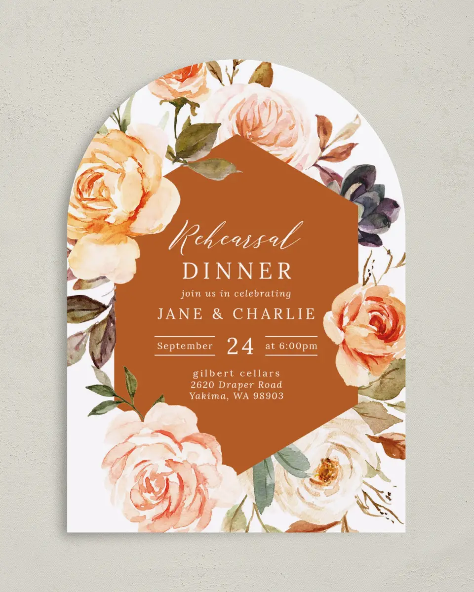 This is a 5" x 7" Rehearsal Dinner Invitation called Floral Fantasy printed in full color on Premium Smooth paper