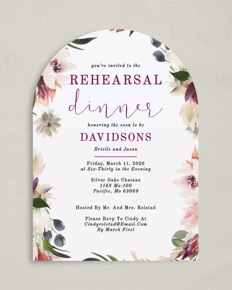 This is a 5" x 7" Rehearsal Dinner Invitation called Floral Dinner printed in full color on Premium Smooth paper