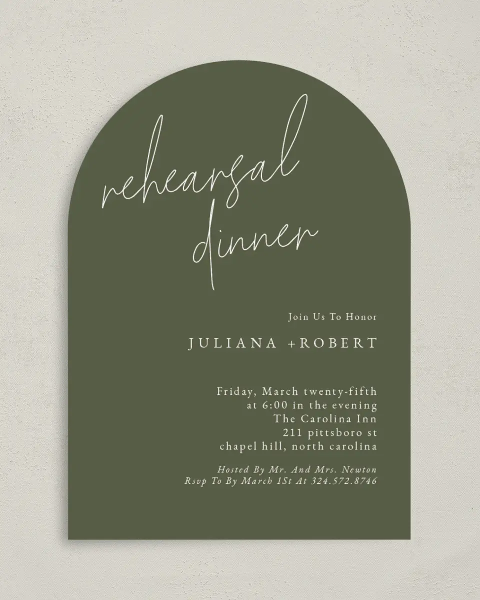 This is a 5" x 7" Rehearsal Dinner Invitation called Modern Dinner printed in full color on Premium Smooth paper