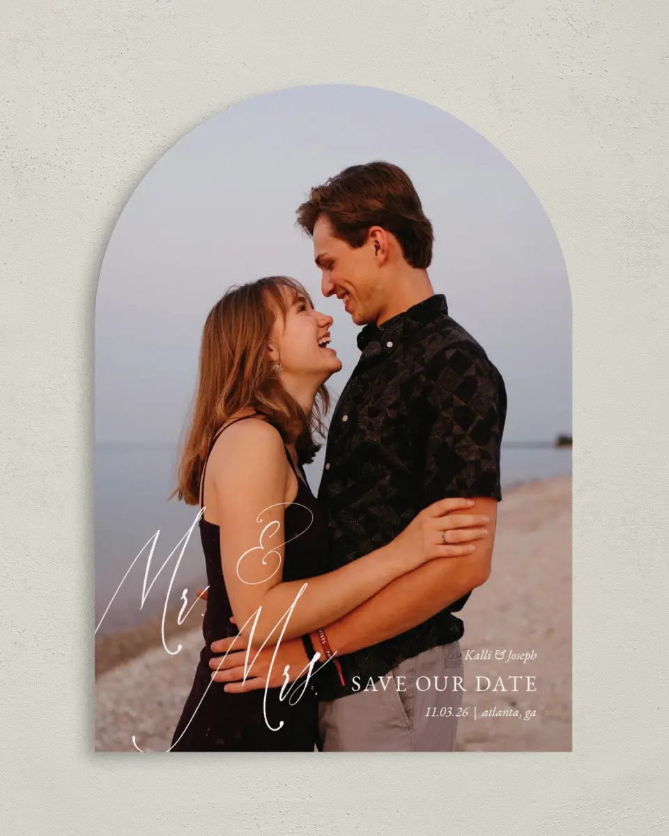 This is a 5" x 7" Arch Save the Date called Future Mr. & Mrs. printed in full color on Premium Smooth paper