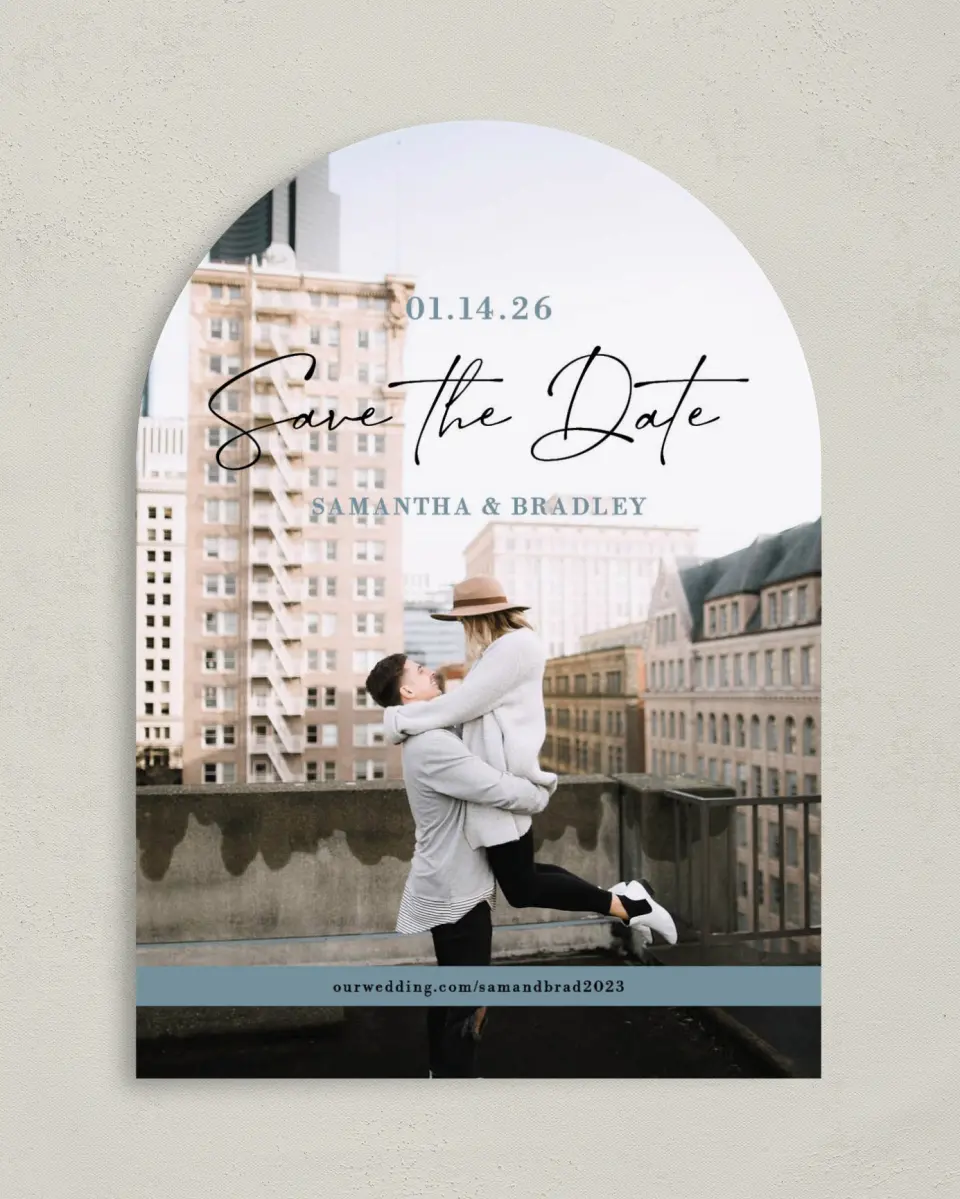 This is a 5" x 7" Arch Save the Date called Contemporary Script printed in full color on Premium Smooth paper
