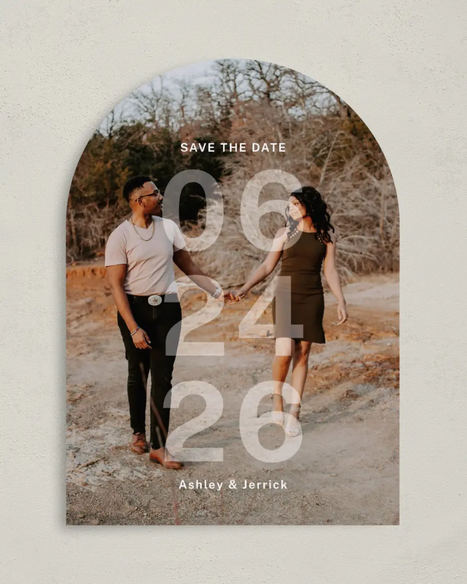 This is a 5" x 7" Arch Save the Date called Overlaid Date printed in full color on Premium Smooth paper