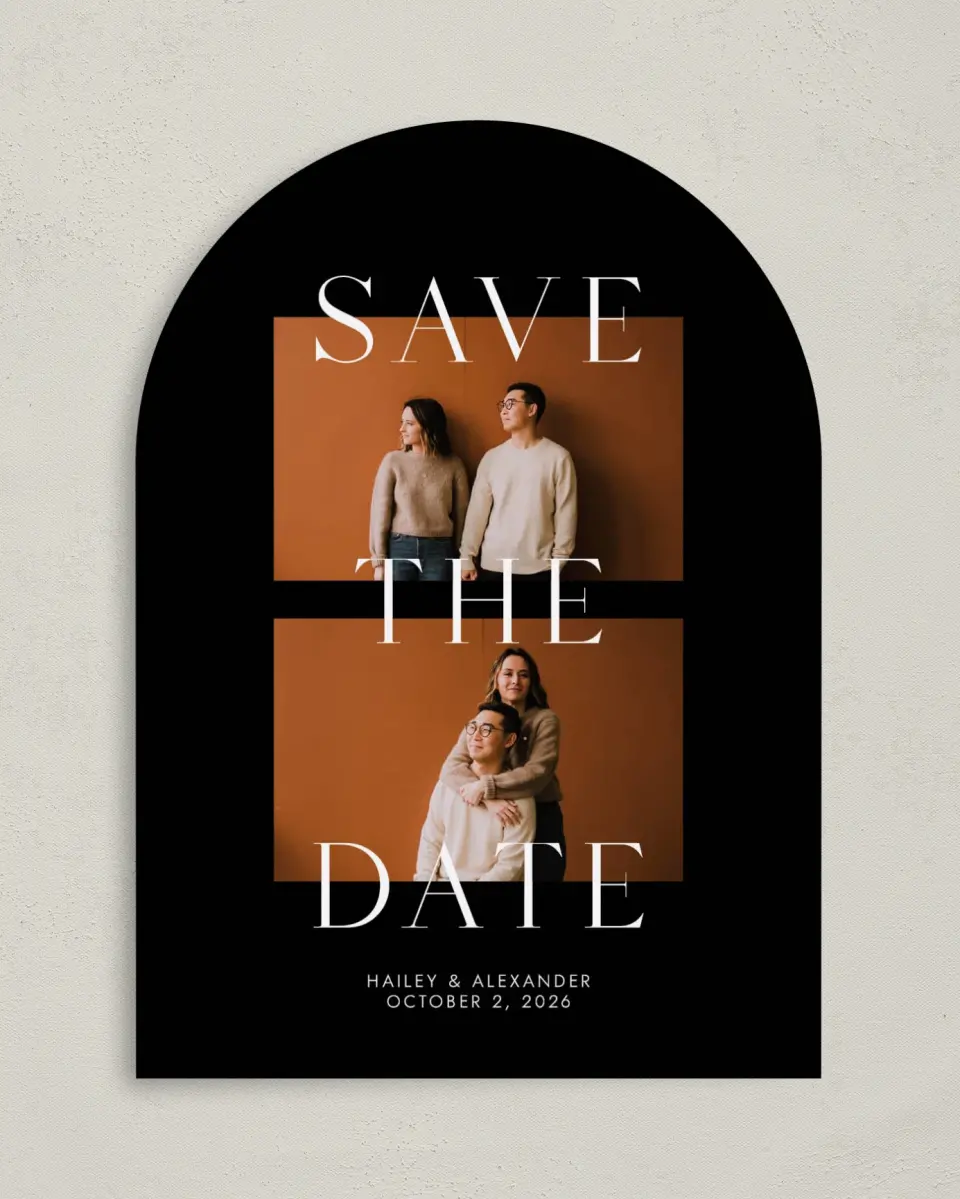 This is a 5" x 7" Arch Save the Date called Bold Devotion printed in full color on Premium Smooth paper