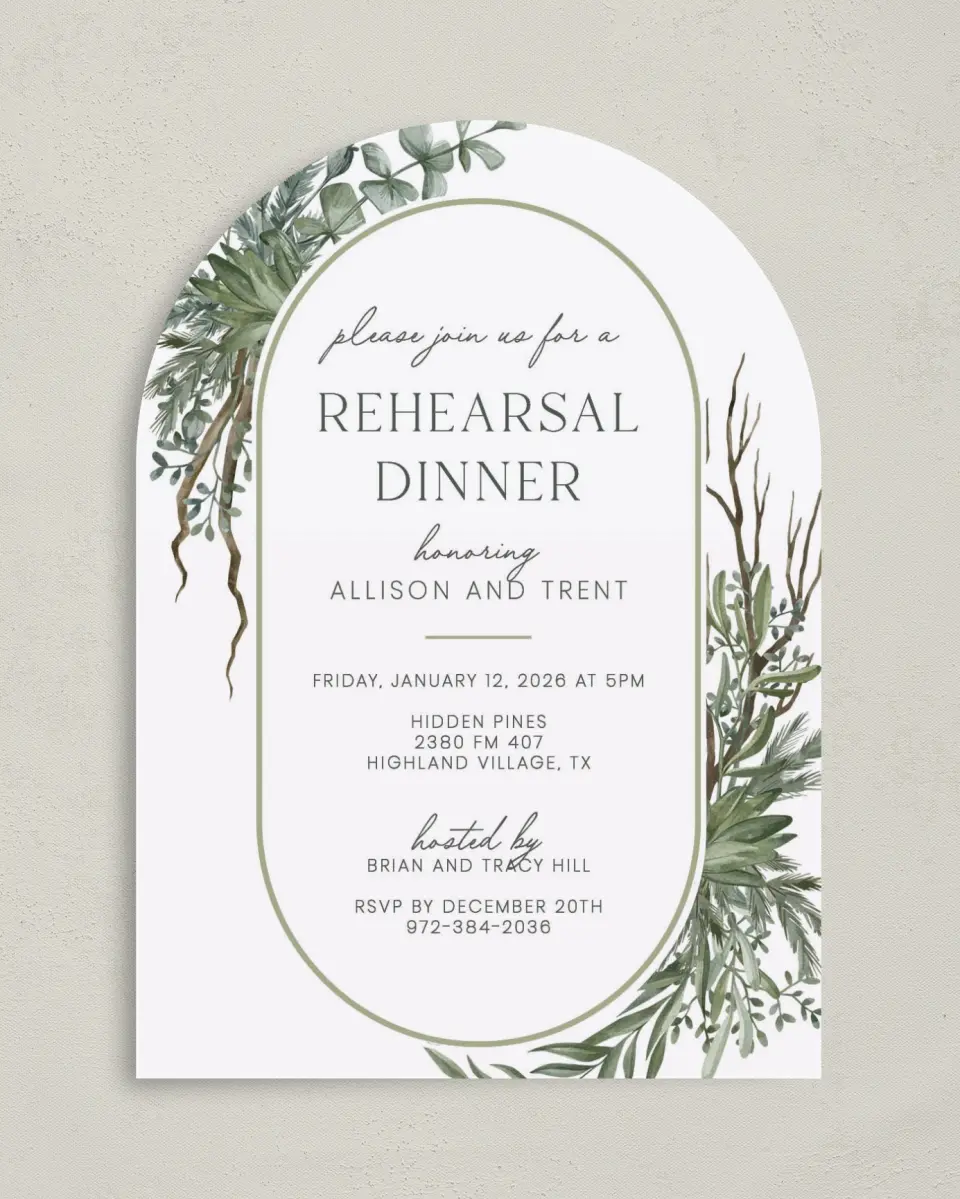 This is a 5" x 7" Rehearsal Dinner Invitation called Rehearsal Greenery printed in full color on Premium Smooth paper