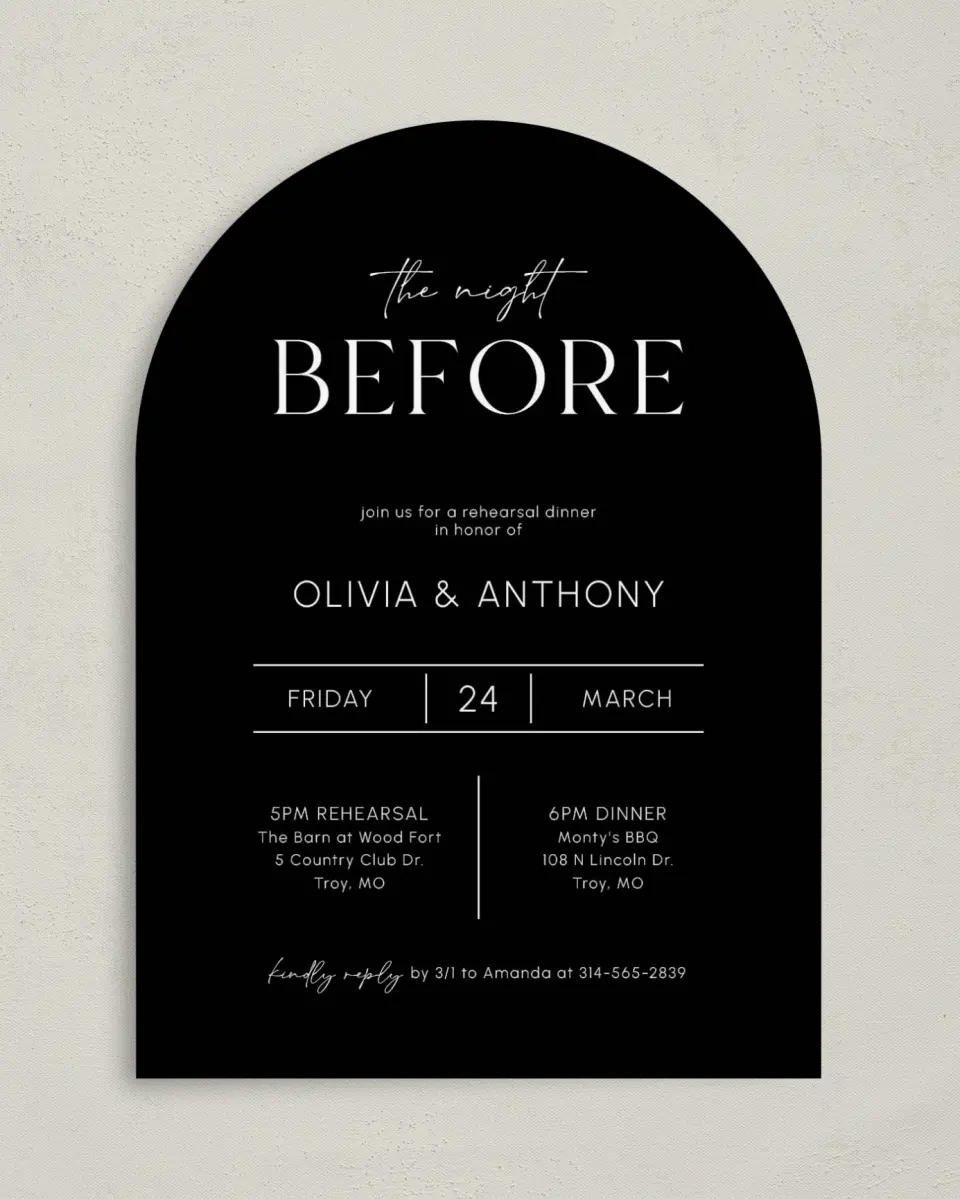 This is a 5" x 7" Rehearsal Dinner Invitation called Night Before Bash printed in full color on Premium Smooth paper