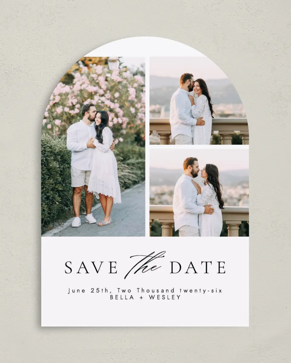 This is a 5" x 7" Arch Save the Date called Fresh Medley printed in full color on Premium Smooth paper
