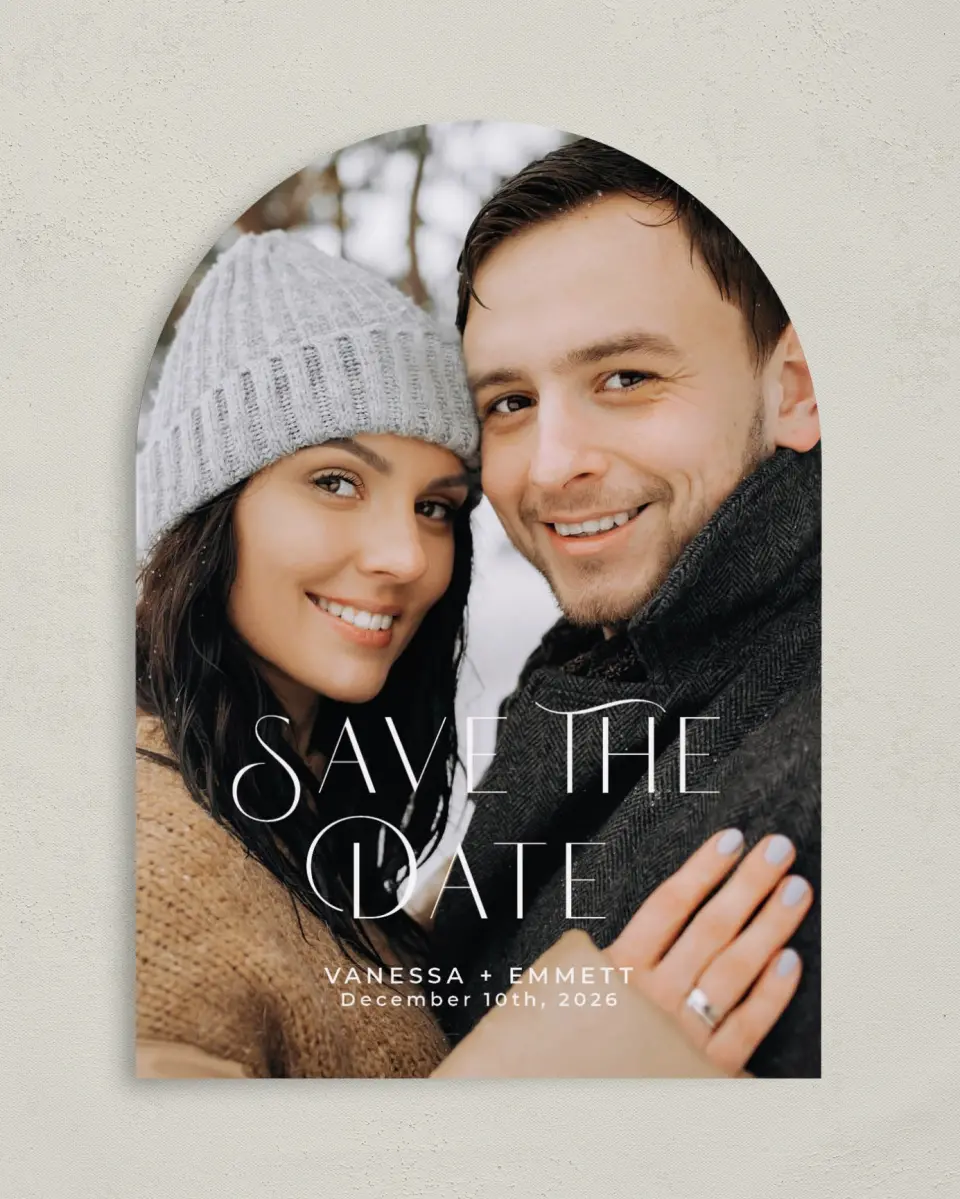 This is a 5" x 7" Arch Save the Date called Stylish Touch printed in full color on Premium Smooth paper