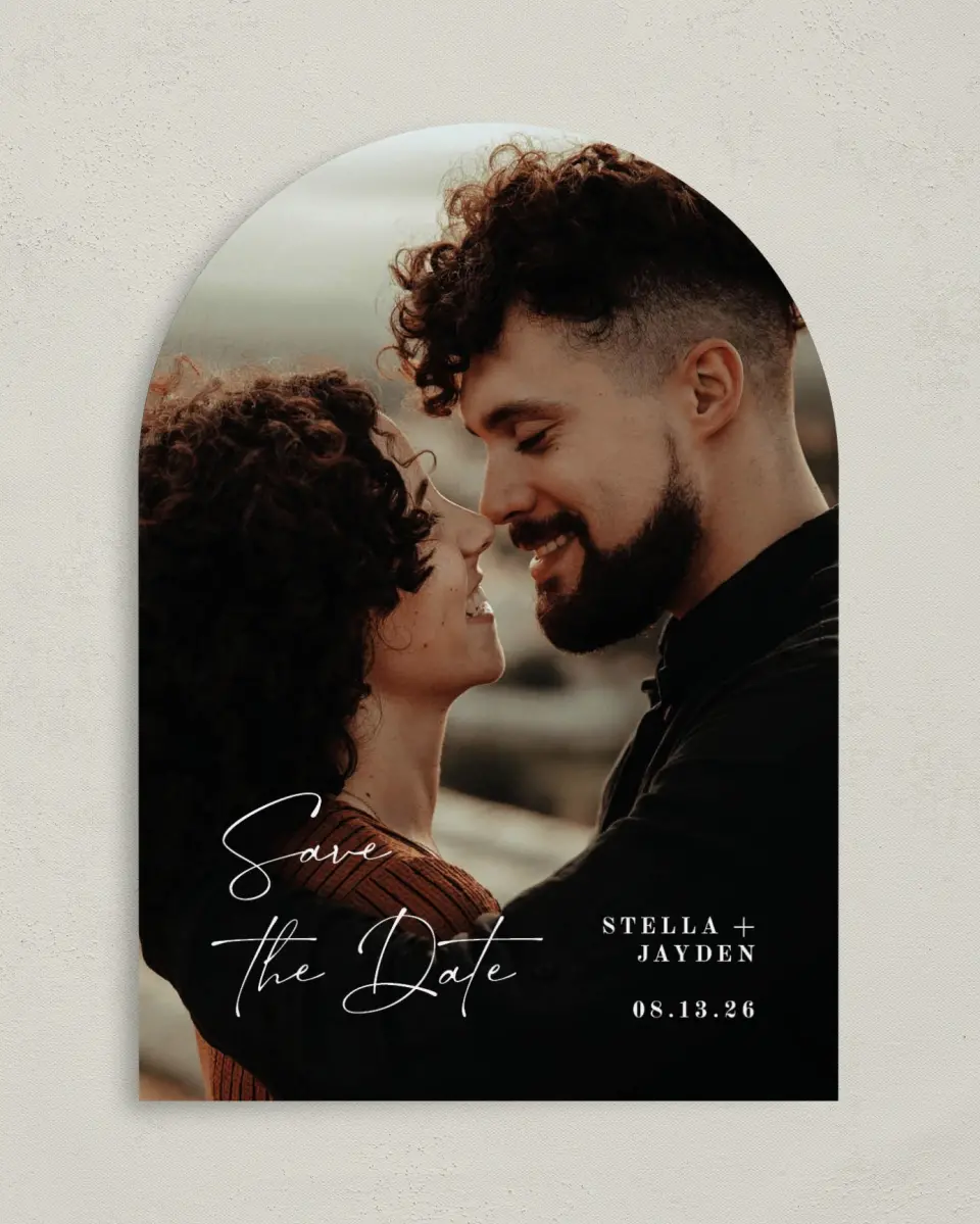 This is a 5" x 7" Arch Save the Date called Delicate Treasure printed in full color on Premium Smooth paper