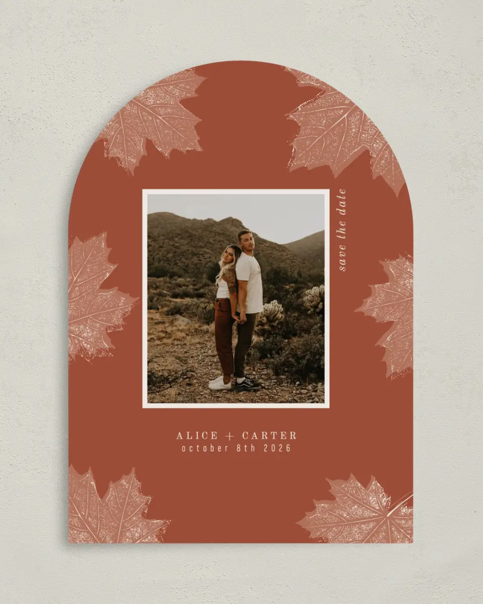 This is a 5" x 7" Arch Save the Date called Turning Leaves printed in full color on Premium Smooth paper