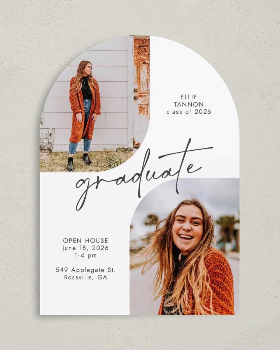This is a 5" x 7" Graduation Announcement Card called Commencement Corners printed in full color on Premium Smooth paper