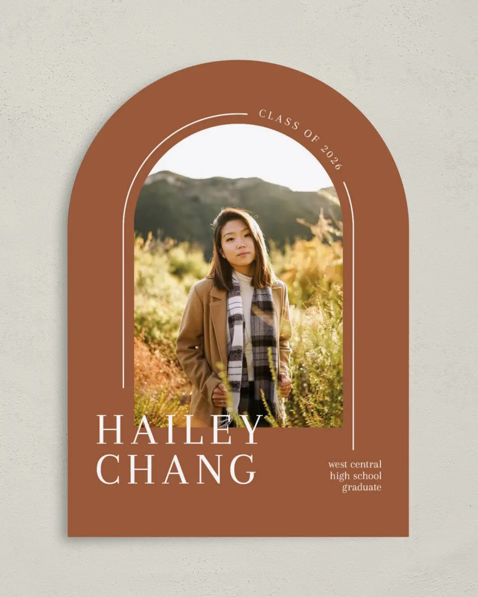 This is a 5" x 7" Graduation Announcement Card called Arched Grad printed in full color on Premium Smooth paper