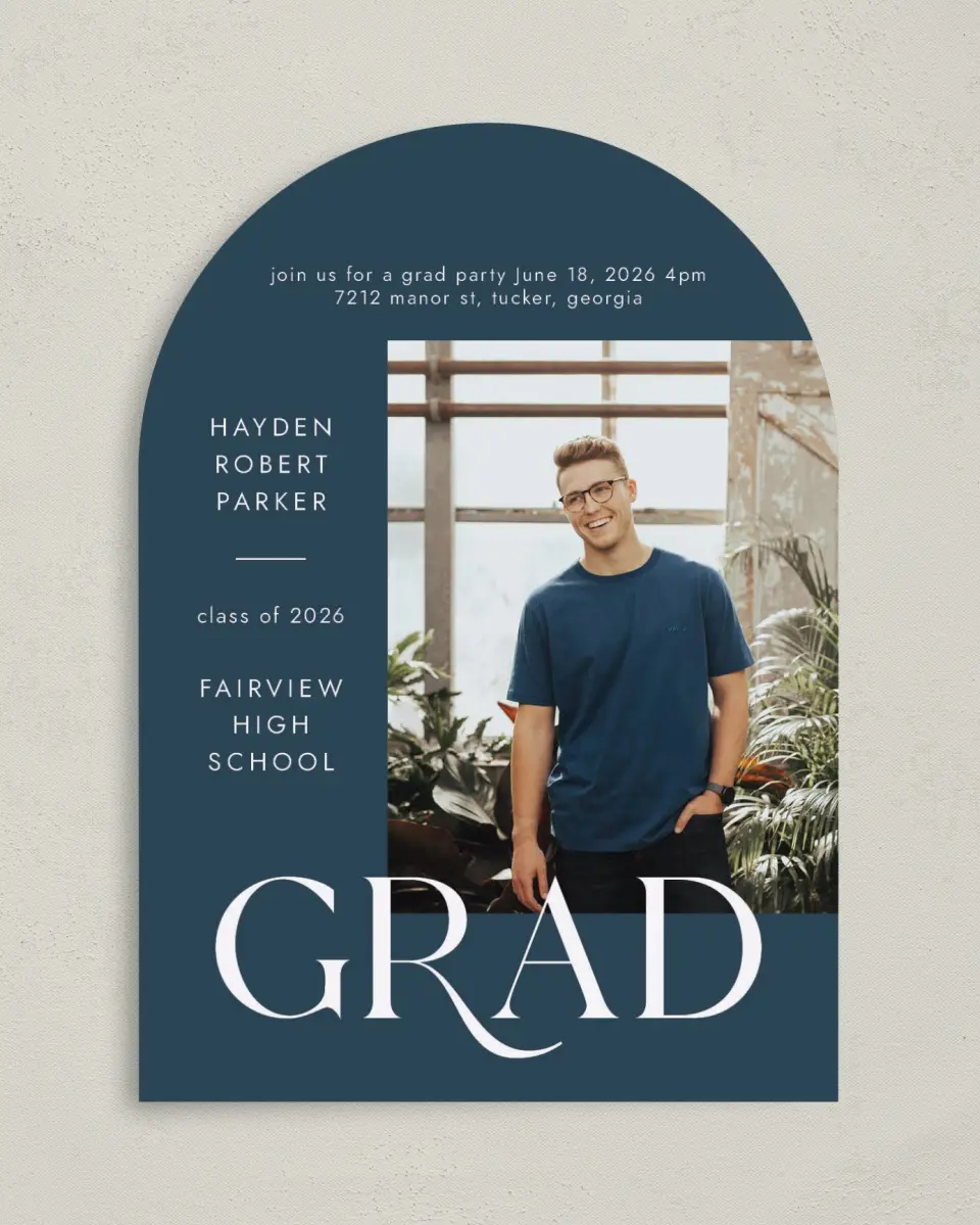 This is a 5" x 7" Graduation Announcement Card called Onward Grad printed in full color on Premium Smooth paper