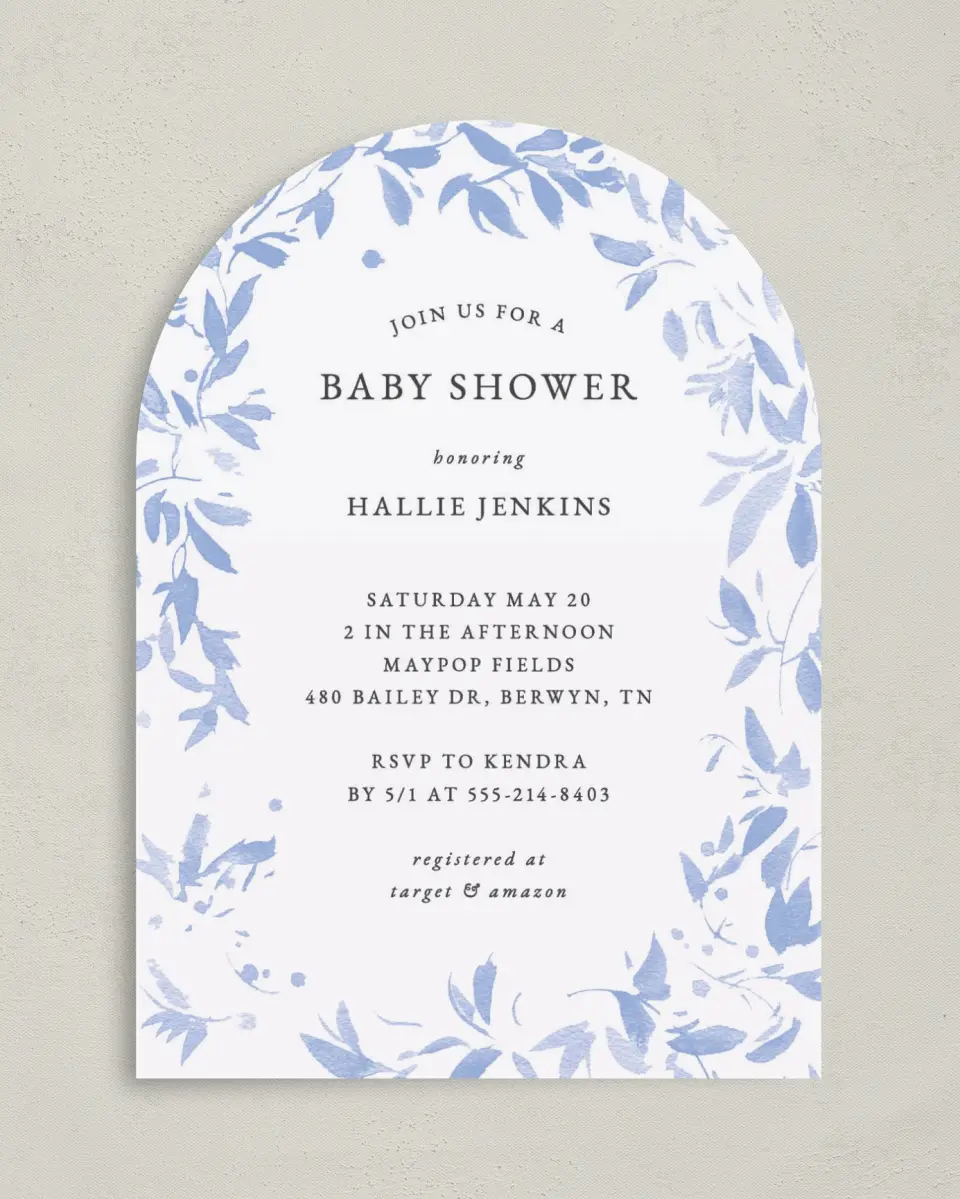 This is a 5" x 7" Baby Shower Invitation called Spring Surround printed in full color with Gold foil on Luxe Satin paper
