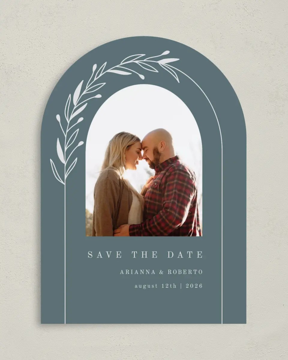 This is a 5" x 7" Arch Save the Date called Growing Arc printed in full color on Premium Smooth paper