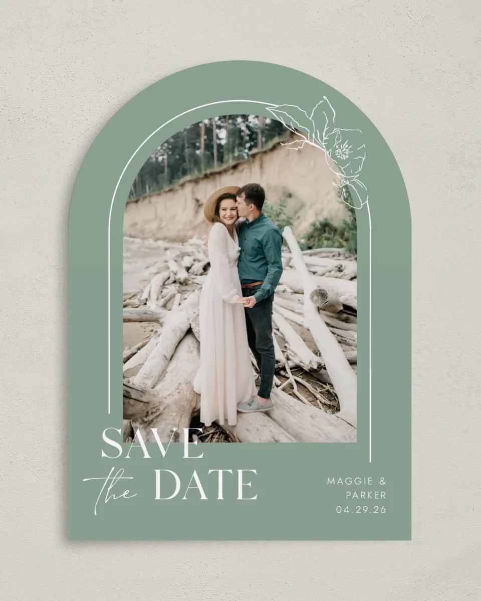 This is a 5" x 7" Arch Save the Date called Blossoming Arch printed in full color on Premium Smooth paper
