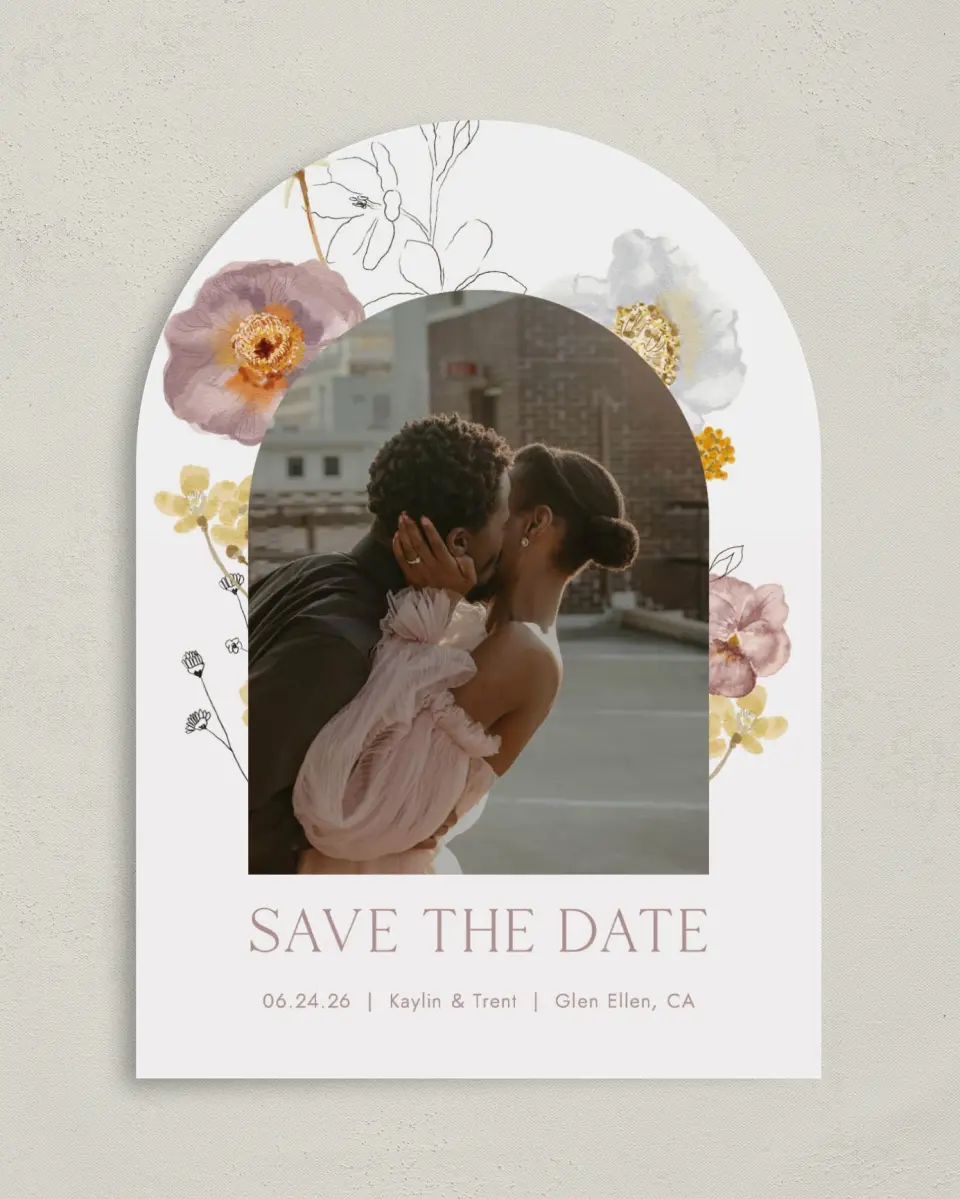 This is a 5" x 7" Arch Save the Date called Enchanting Wildflowers printed in full color on Premium Smooth paper