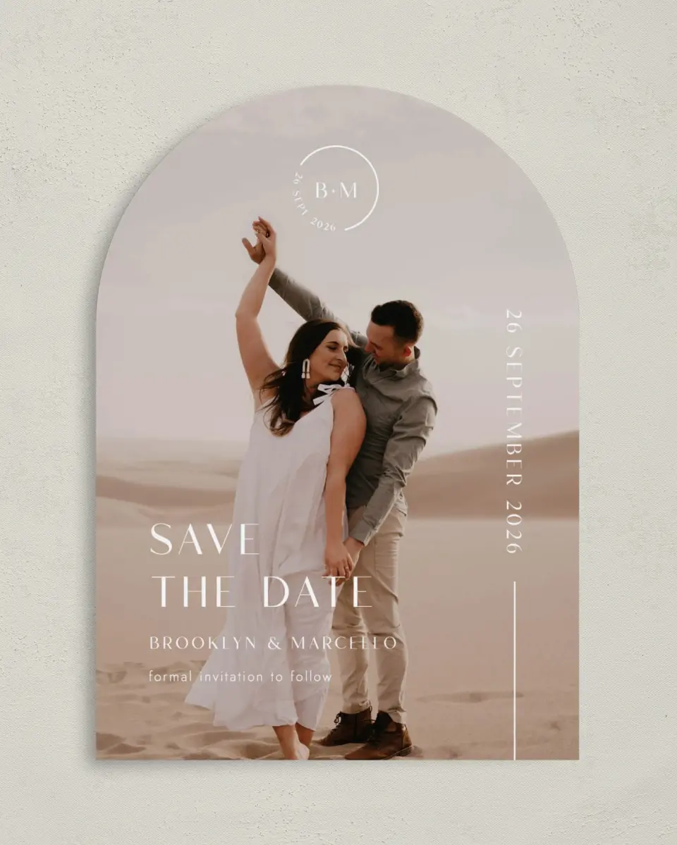 This is a 5" x 7" Arch Save the Date called The Brooklyn printed in full color on Premium Smooth paper