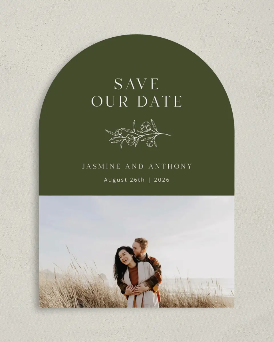 This is a 5" x 7" Arch Save the Date called The Jasmine printed in full color on Premium Smooth paper