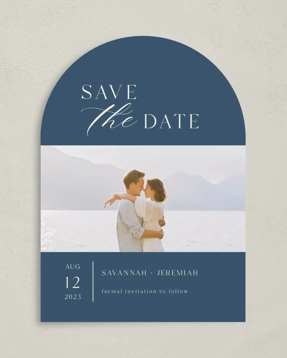 This is a 5" x 7" Arch Save the Date called The Savannah printed in full color on Premium Smooth paper