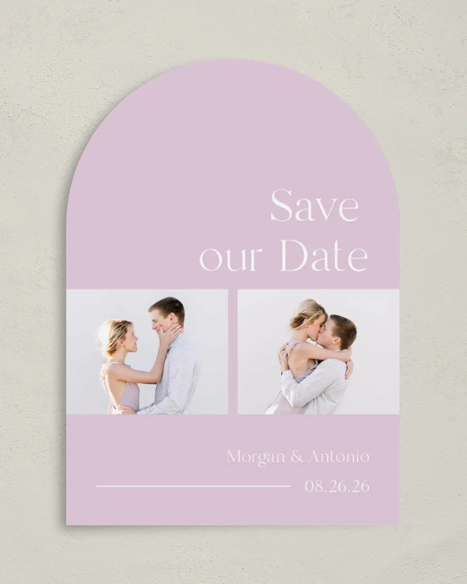 This is a 5" x 7" Arch Save the Date called The Morgan printed in full color on Premium Smooth paper
