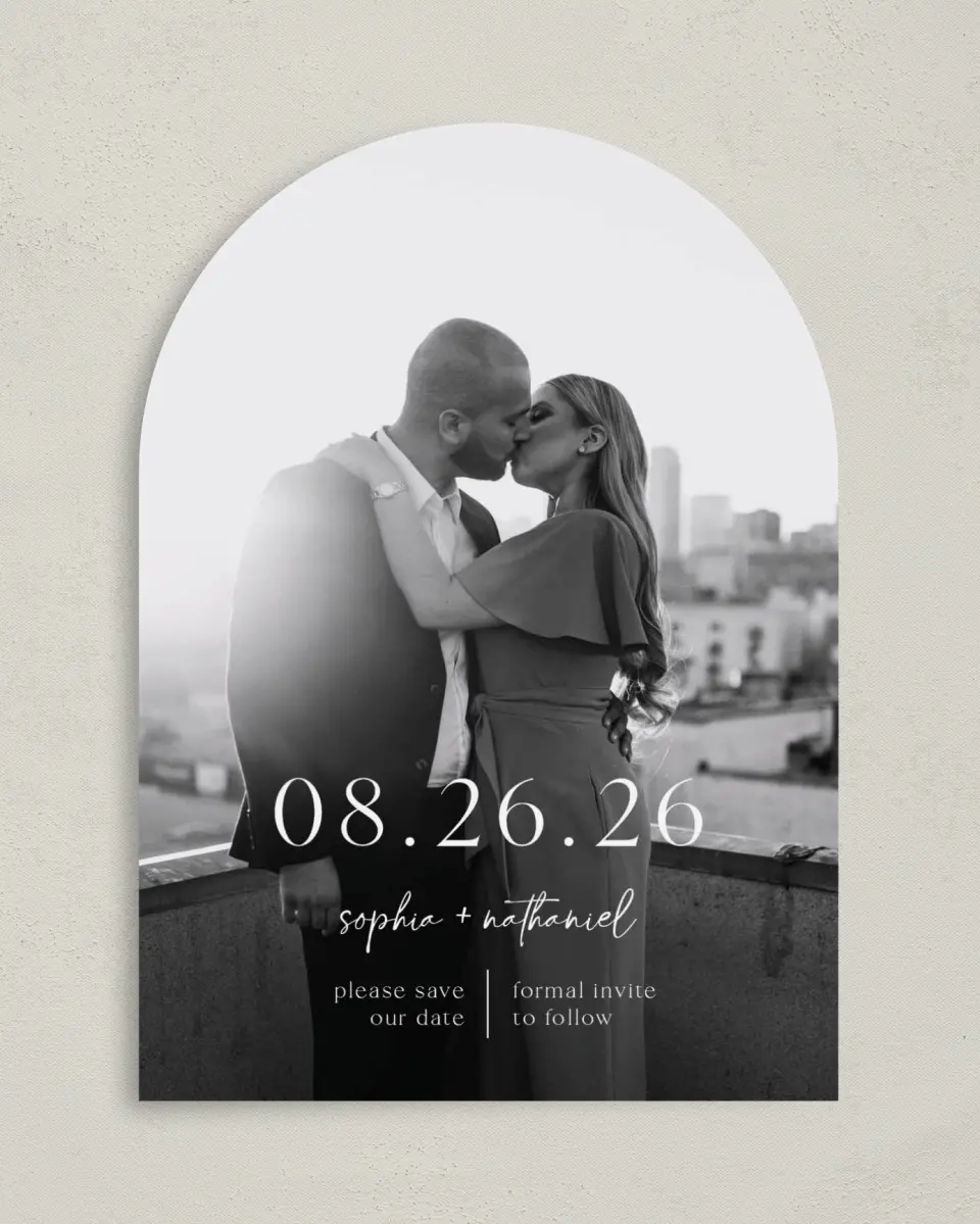 This is a 5" x 7" Arch Save the Date called The Sophia printed in full color on Premium Smooth paper