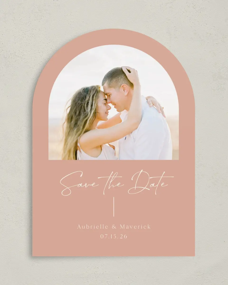 This is a 5" x 7" Arch Save the Date called The Aubrielle printed in full color with Silver foil on Luxe Satin paper