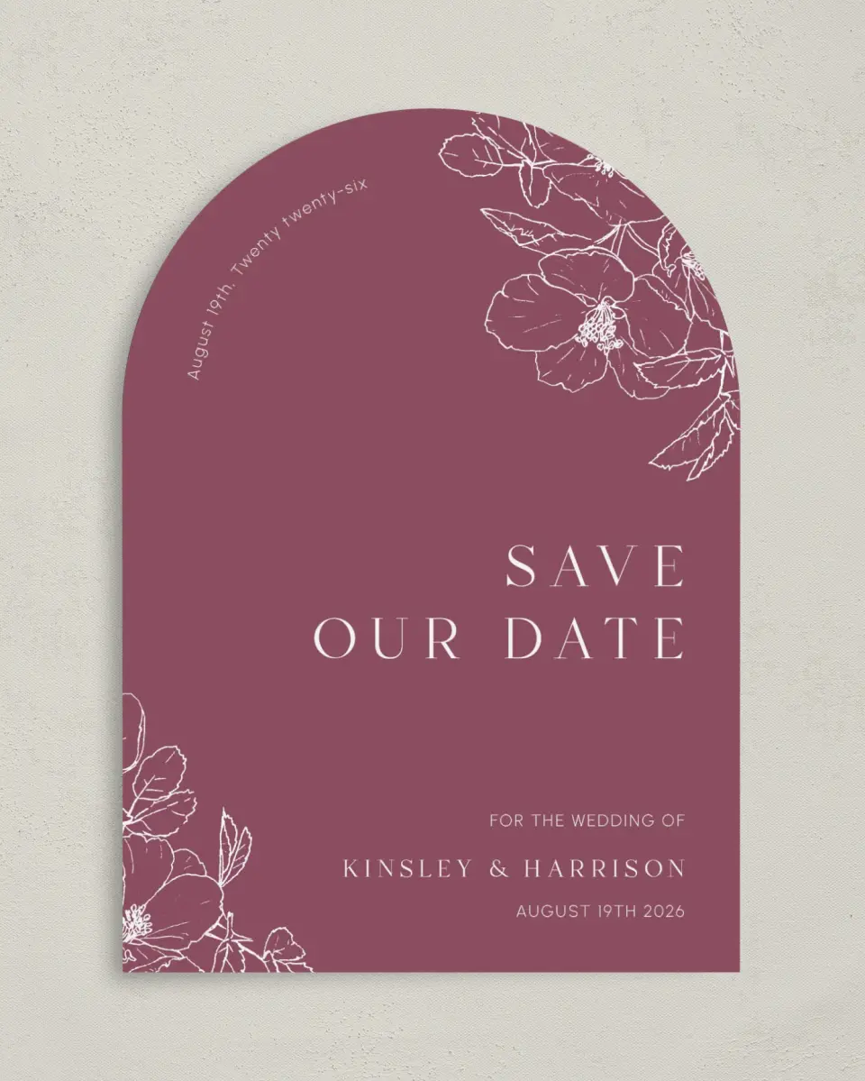 This is a 5" x 7" Arch Save the Date called The Kinsley printed in full color with Silver foil on Luxe Satin paper