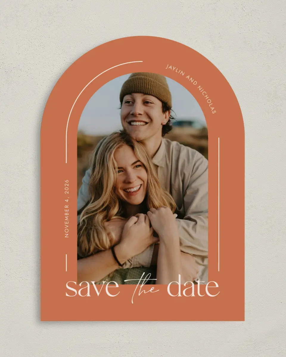 This is a 5" x 7" Arch Save the Date called The Jaylin printed in full color with Silver foil on Luxe Satin paper