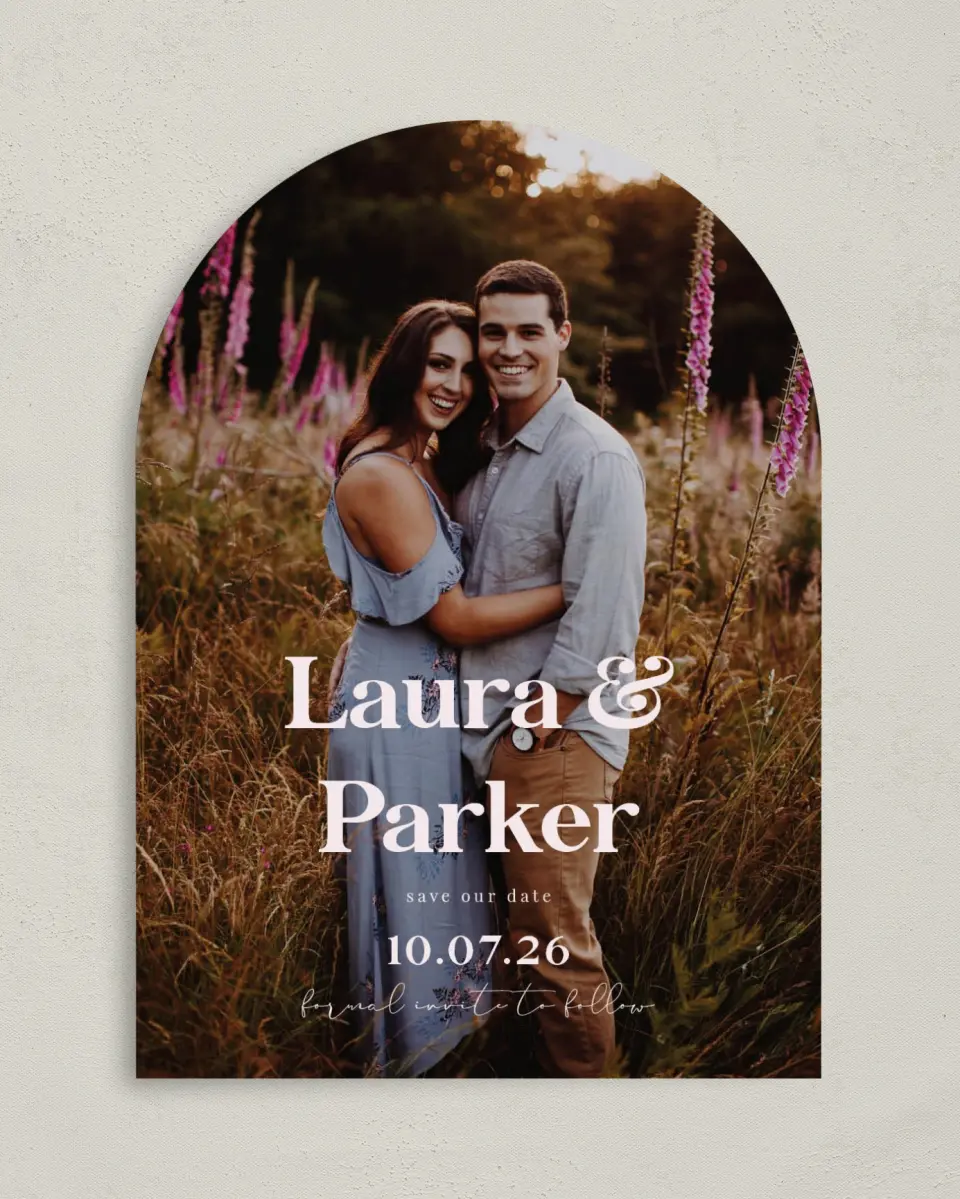 This is a 5" x 7" Arch Save the Date called The Laura printed in full color on Premium Smooth paper