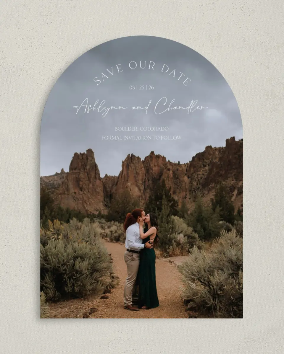 This is a 5" x 7" Arch Save the Date called The Ashlynn printed in full color on Premium Smooth paper