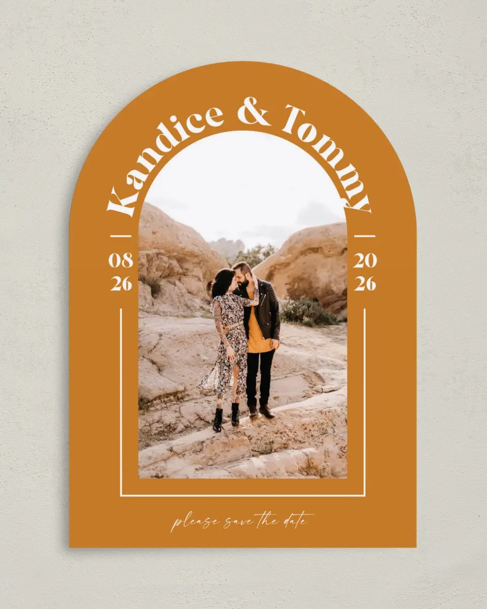 This is a 5" x 7" Arch Save the Date called The Kandice printed in full color on Premium Smooth paper
