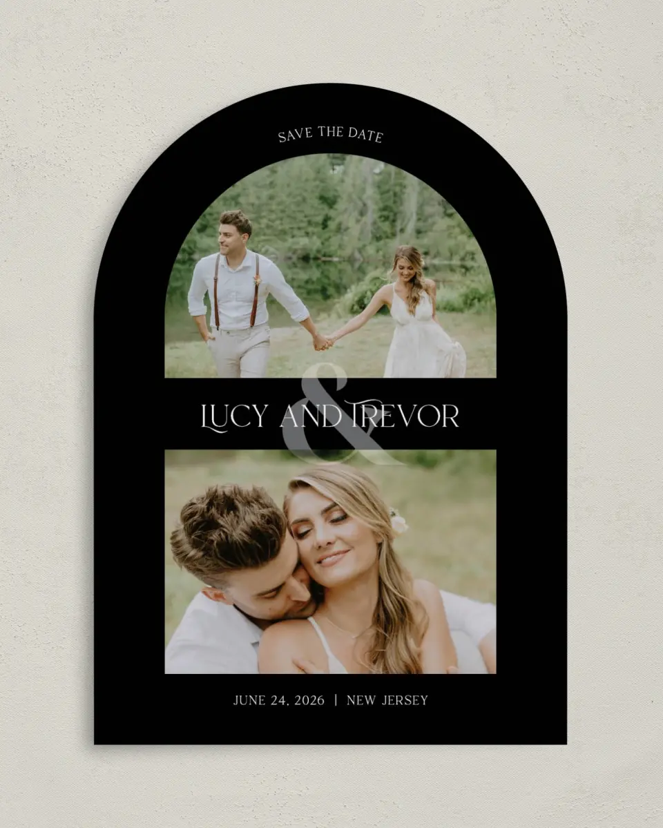 This is a 5" x 7" Arch Save the Date called The Lucy printed in full color on Premium Smooth paper