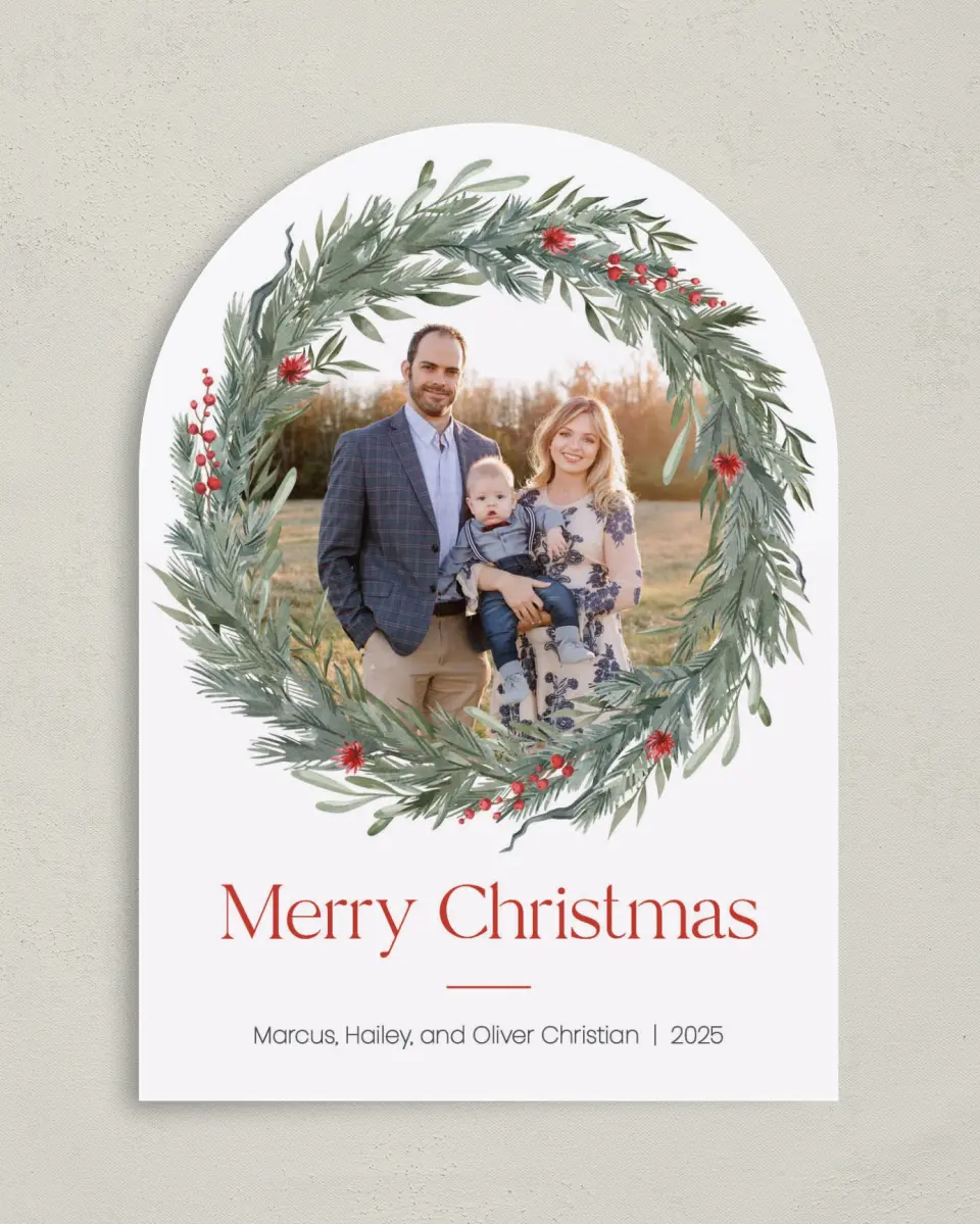 This is a 5" x 7" Christmas Card called Winterberry Wreath printed in full color on Premium Smooth paper
