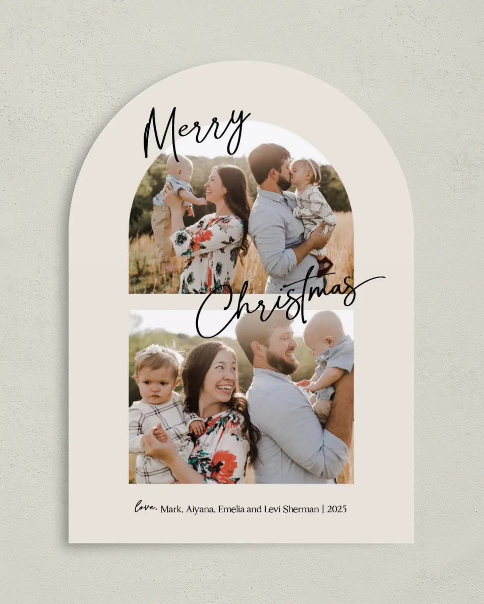 This is a 5" x 7" Christmas Card called Good Tidings printed in full color with Rose Gold foil on Soft Suede (coated) paper