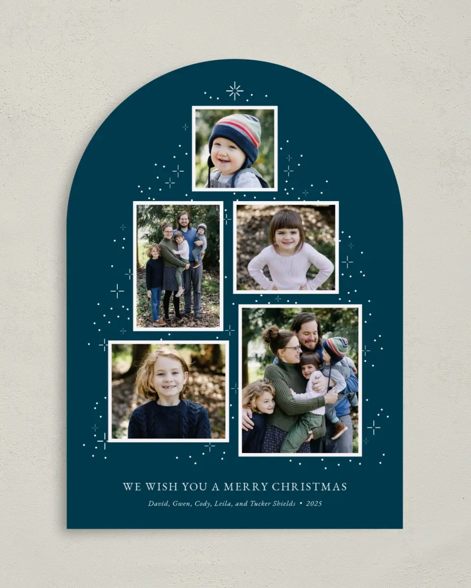 This is a 5" x 7" Christmas Card called Falling Flurries printed in full color with Rose Gold foil on Soft Suede (coated) paper