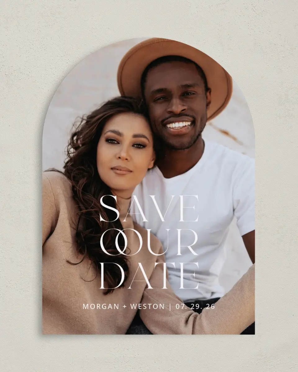 This is a 5" x 7" Arch Save the Date called Pure Symbol printed in full color on Premium Smooth paper