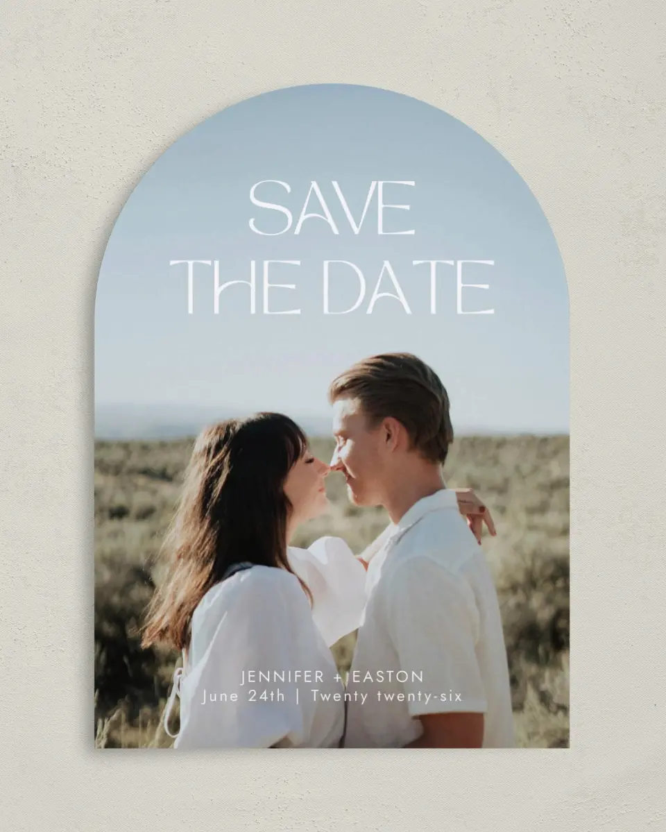 This is a 5" x 7" Arch Save the Date called Soft Style printed in full color on Premium Smooth paper