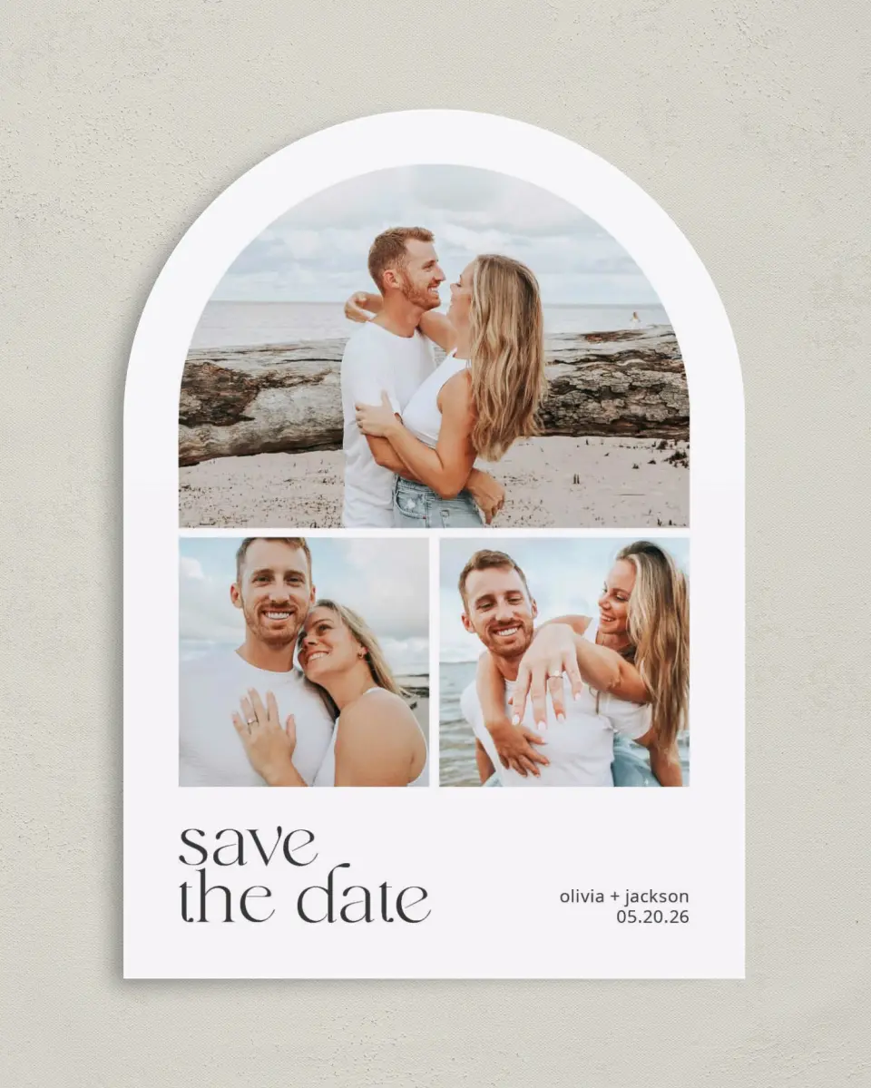 This is a 5" x 7" Arch Save the Date called Cheerful Curve printed in full color with Silver foil on Luxe Satin paper