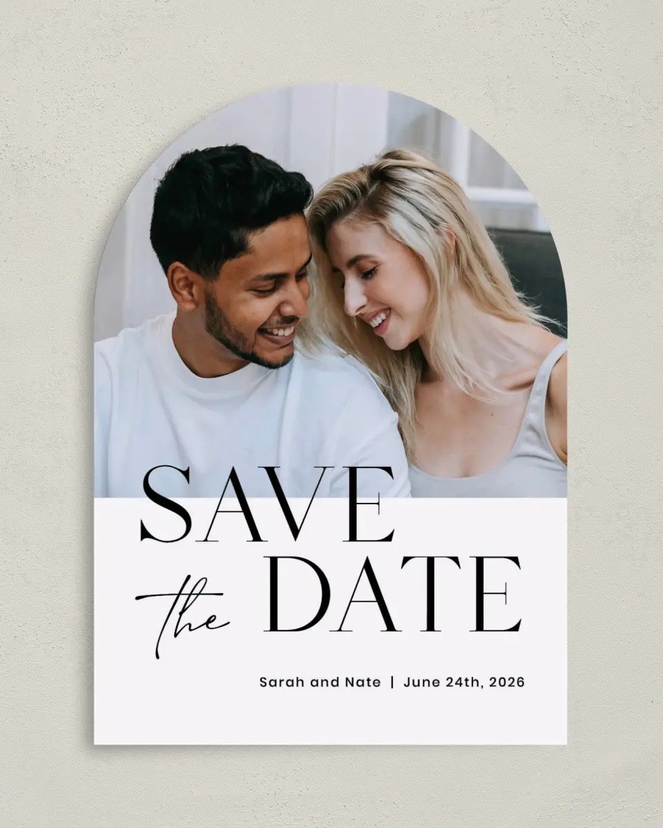 This is a 5" x 7" Arch Save the Date called Alluring Type printed in full color on Premium Smooth paper