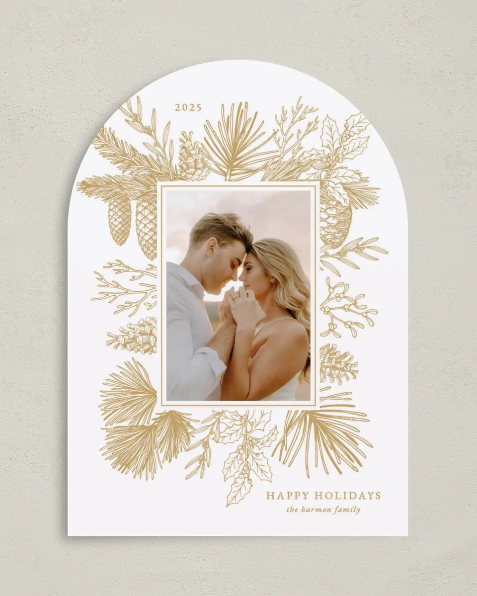 This is a 5" x 7" Christmas Card called Gilded Pine printed in full color on Premium Smooth paper