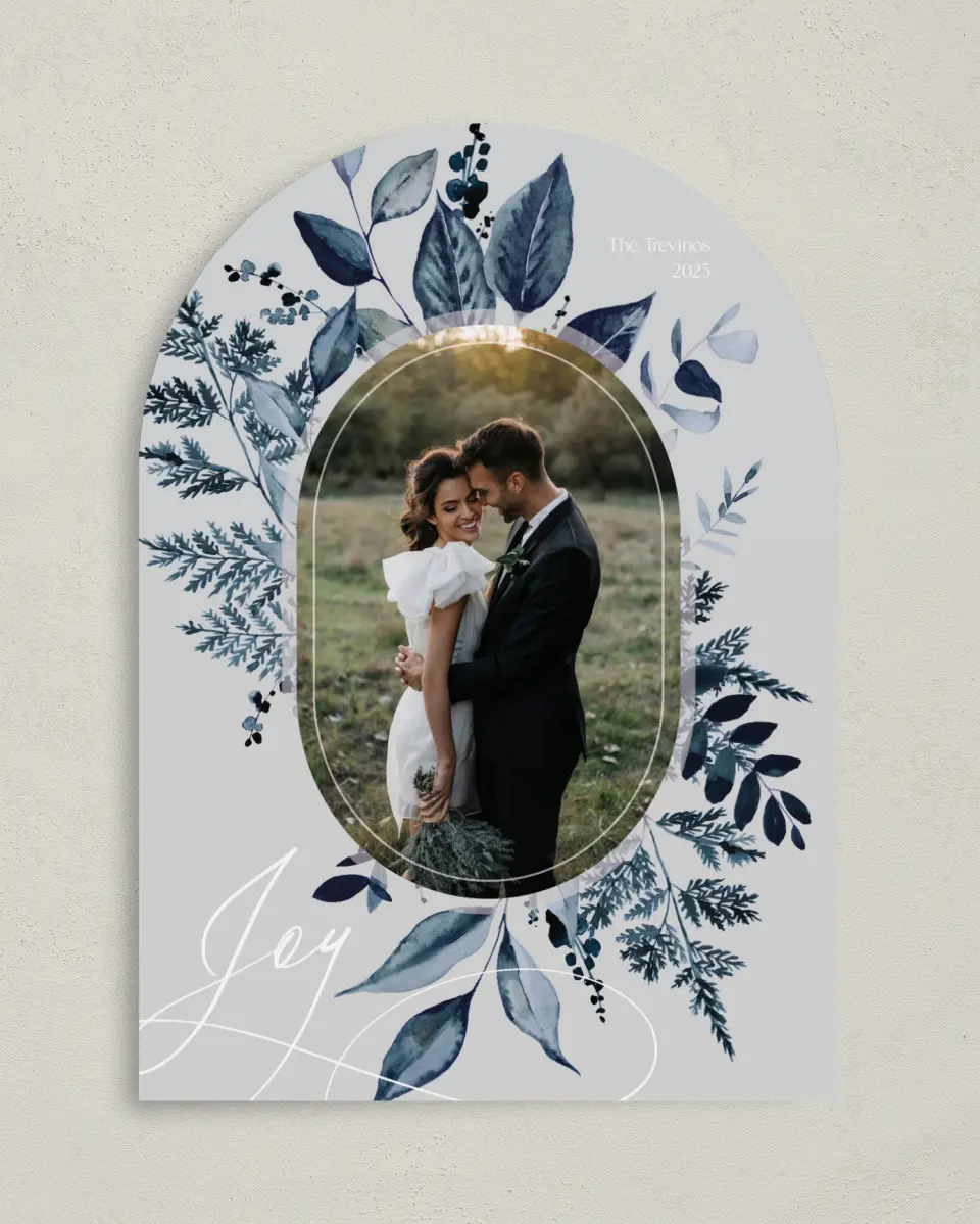 This is a 5" x 7" Christmas Card called Blue Botanics printed in full color on Premium Smooth paper