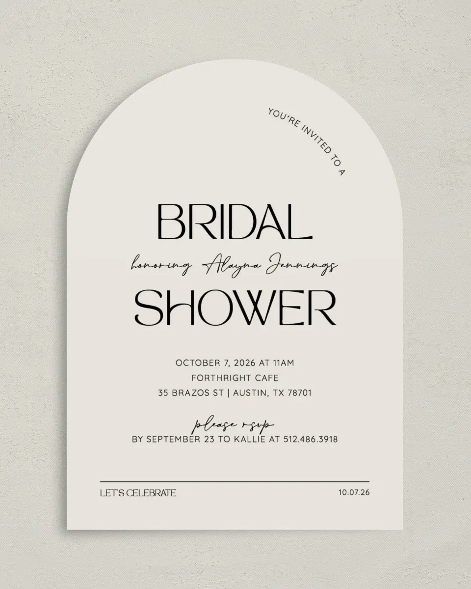 This is a 5" x 7" Bridal Shower Invitation called Honored Bride printed in full color on Premium Smooth paper