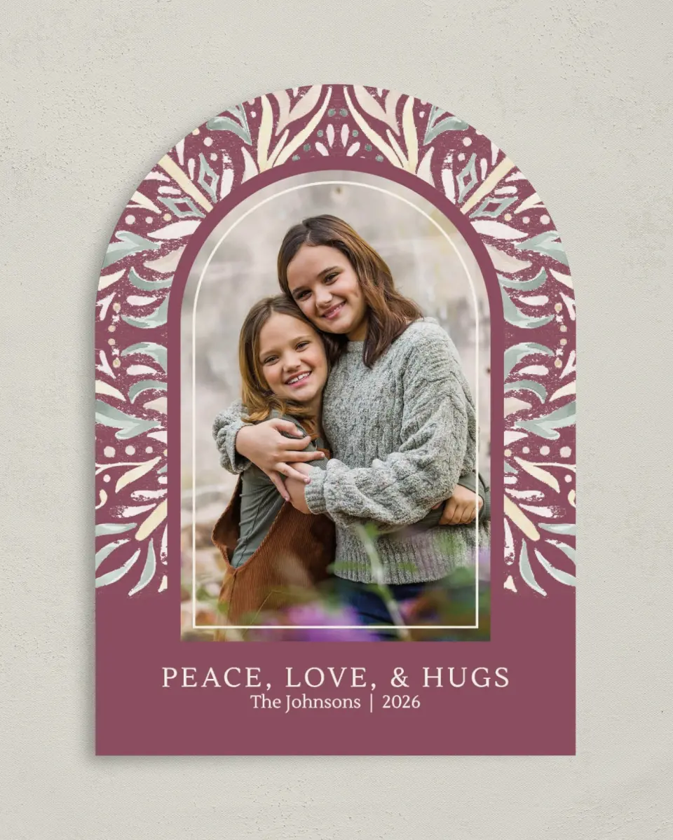 This is a 5" x 7" Valentine's Day Card called Peace, Love, & Hugs printed in full color on Premium Smooth paper