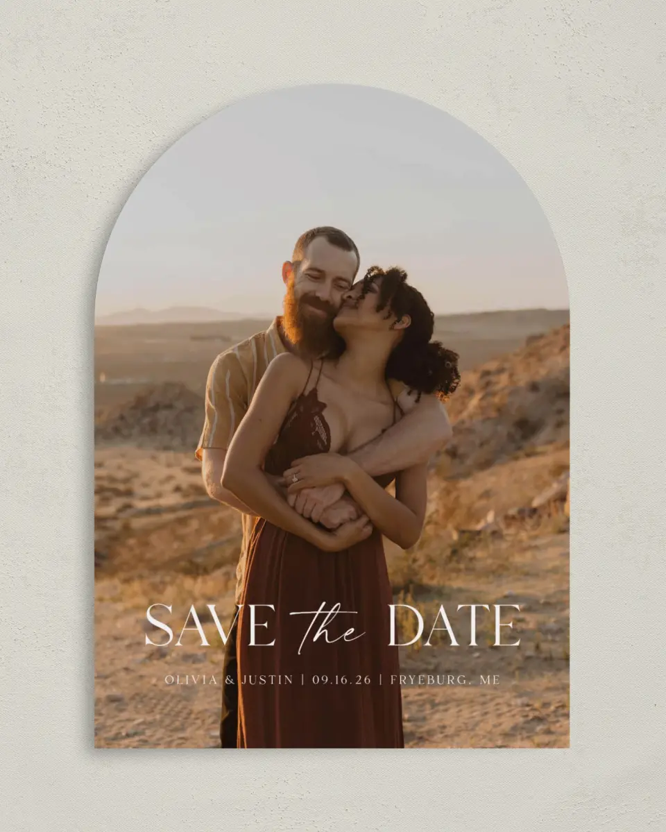 This is a 5" x 7" Arch Save the Date called The Olivia printed in full color on Premium Smooth paper