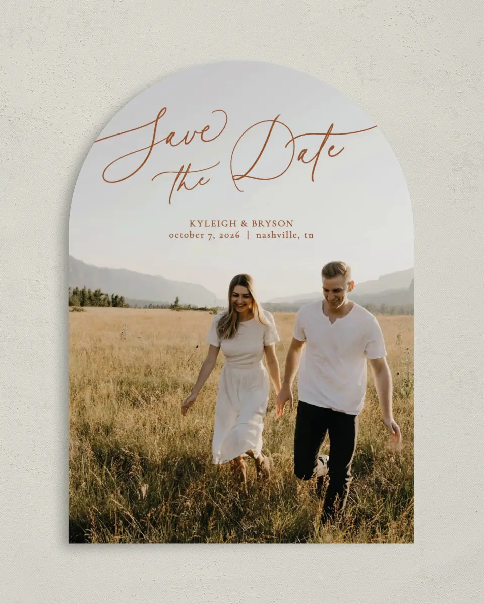 This is a 5" x 7" Arch Save the Date called The Kyleigh printed in full color on Premium Smooth paper