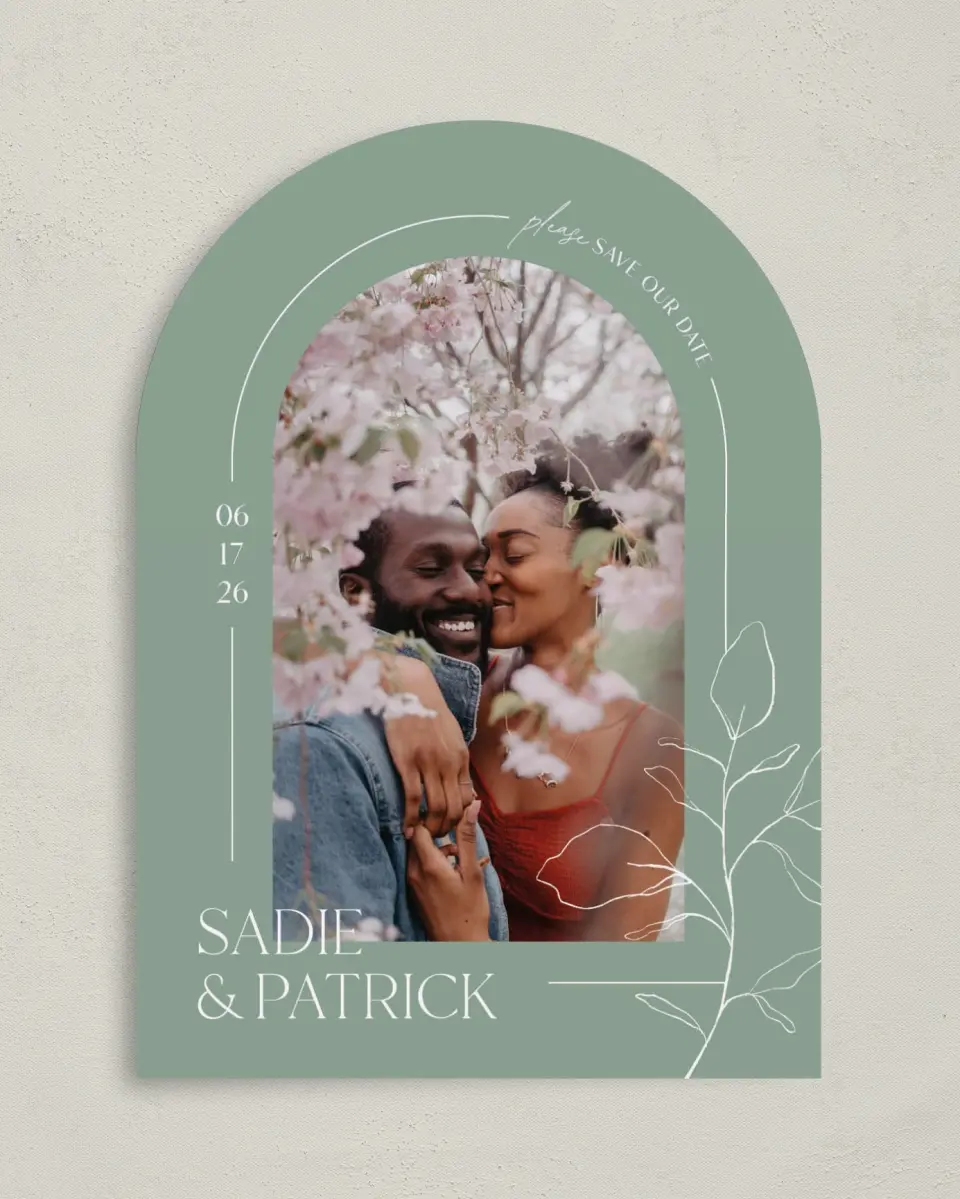 This is a 5" x 7" Arch Save the Date called The Sadie printed in full color on Premium Smooth paper