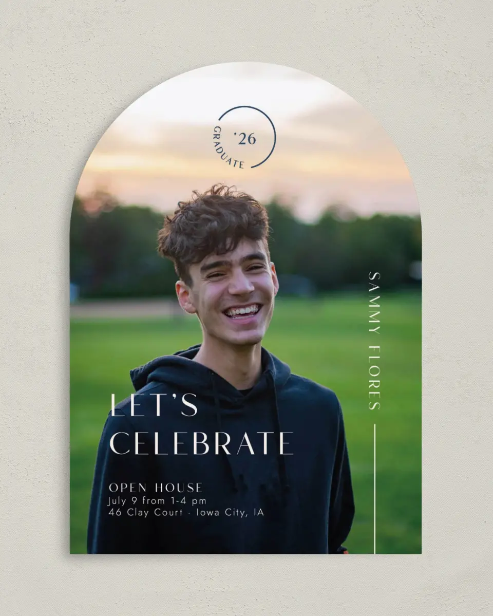 This is a 5" x 7" Graduation Announcement Card called Bold Badge printed in full color on Premium Smooth paper